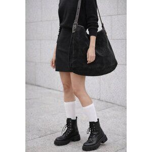 Black Suede Bucket Shoulder Bag Leather Strap Handmade Made by ICEKETI Minimalis